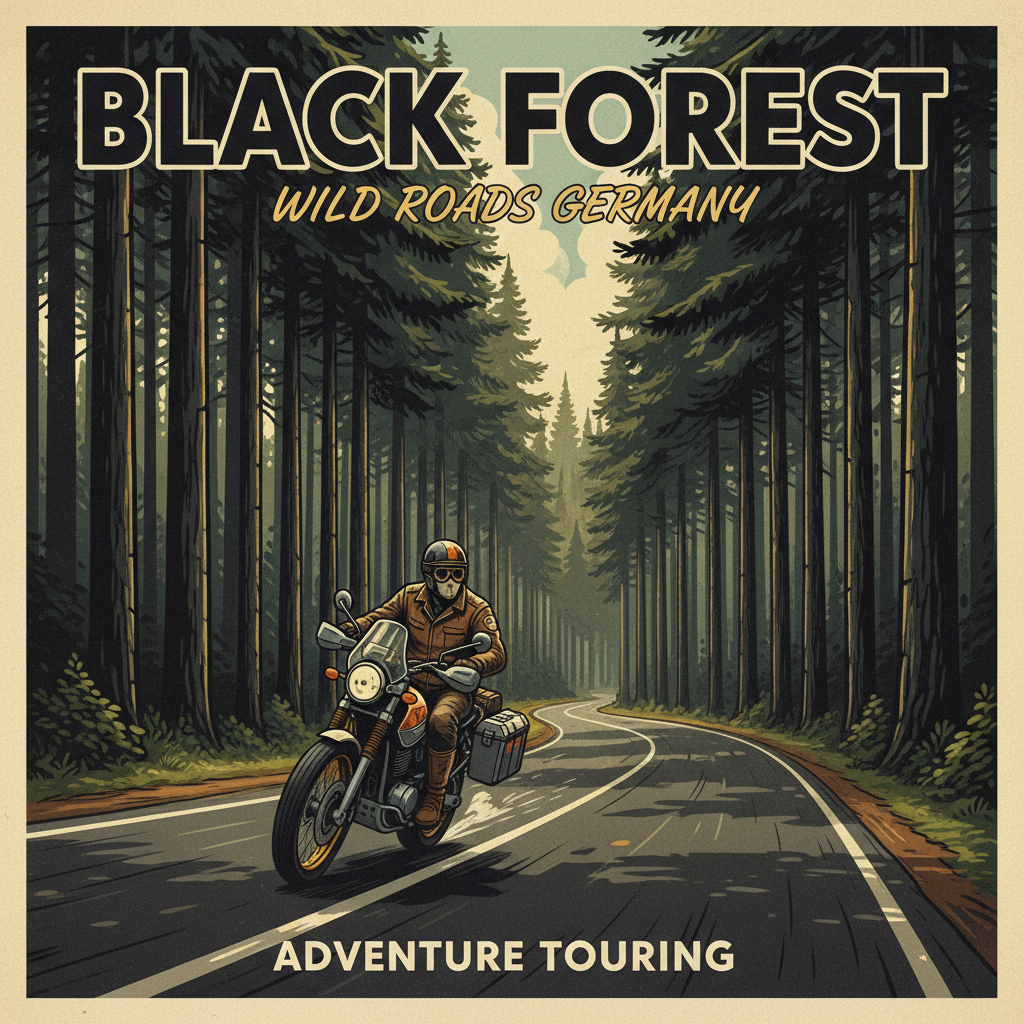 Vintage poster illustration of a motorcycle rider on a sweeping forest road through the Black Forest, Germany