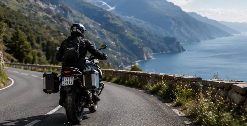 Motorcycle tourer riding along a stunning coastal mountain road with turquoise sea views - Wild Roads eco-friendly motorcycle tours Europe