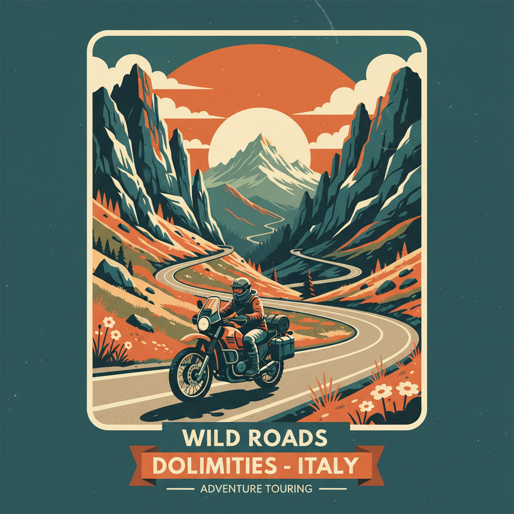 Vintage poster illustration of a motorcycle rider on the Dolomite mountain passes in Italy