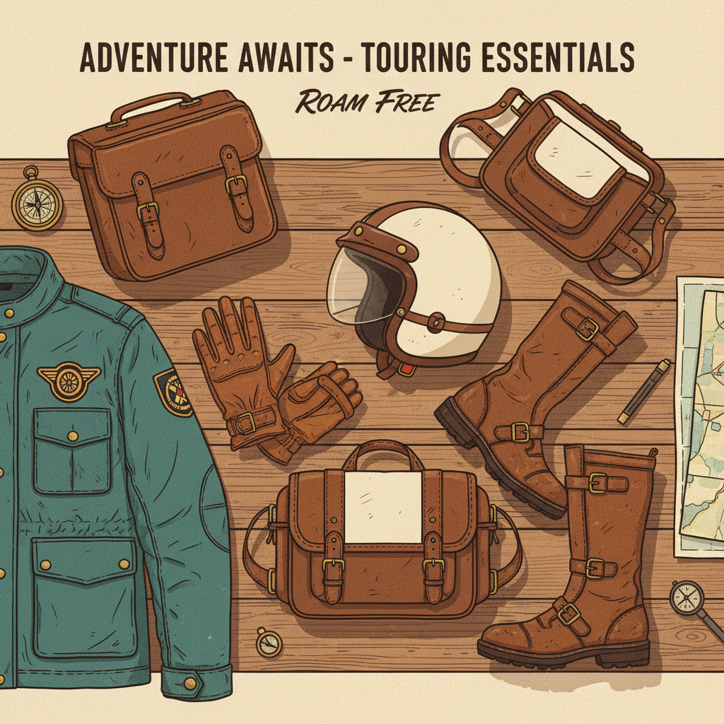 Complete motorcycle touring gear laid out — helmet, jacket, gloves, boots, panniers