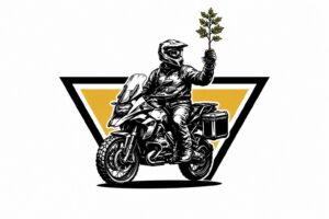 Wild Roads Plant A Tree Initiative - motorcycle tourer on adventure bike holding a tree sapling - sustainable motorcycle touring Europe