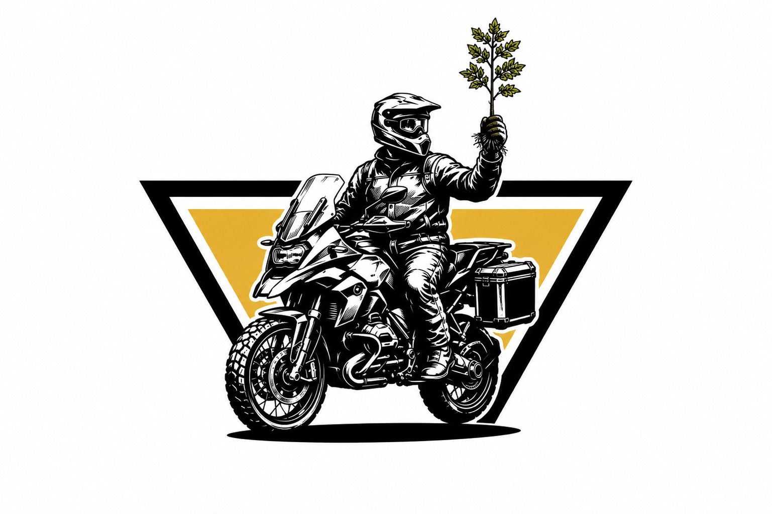 Wild Roads Plant A Tree Initiative - motorcycle tourer on adventure bike holding a tree sapling - sustainable motorcycle touring Europe
