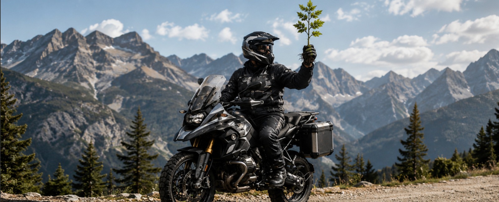Motorcycle tourer on a BMW GS adventure bike holding a tree sapling in front of dramatic Alpine mountain peaks - Wild Roads Plant A Tree sustainable motorcycle tours initiative