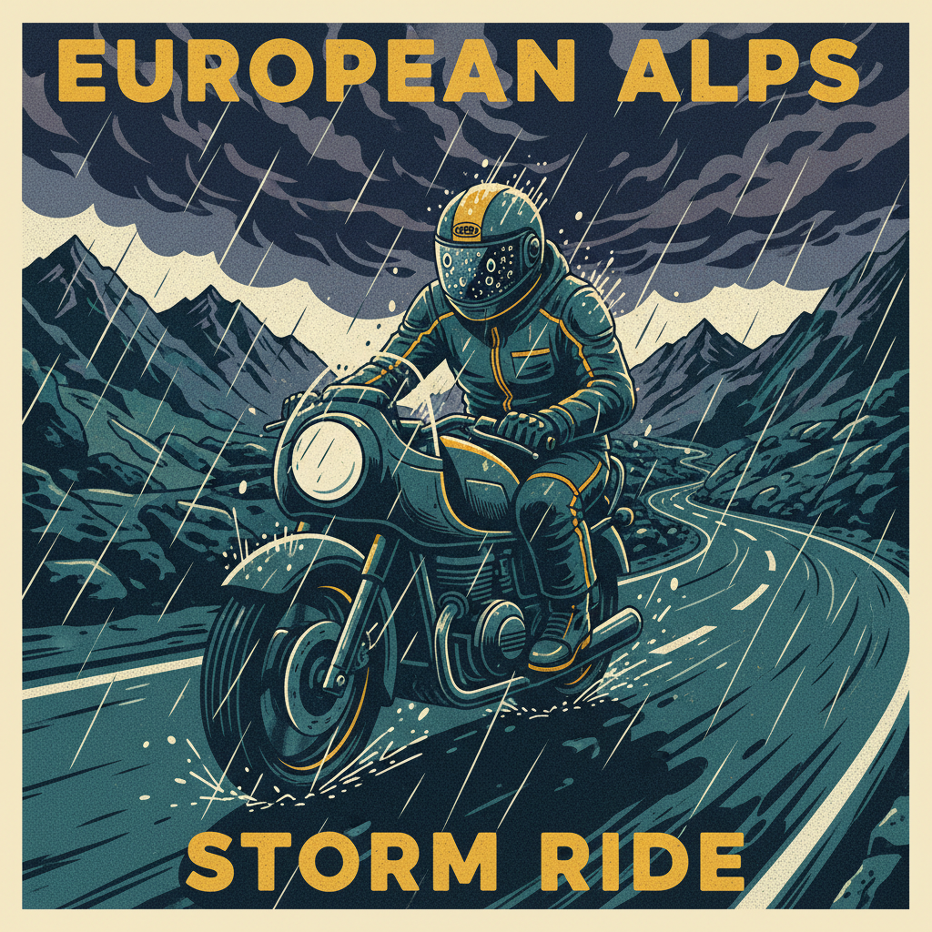 Motorcyclist riding through heavy mountain rain in quality waterproof touring gear