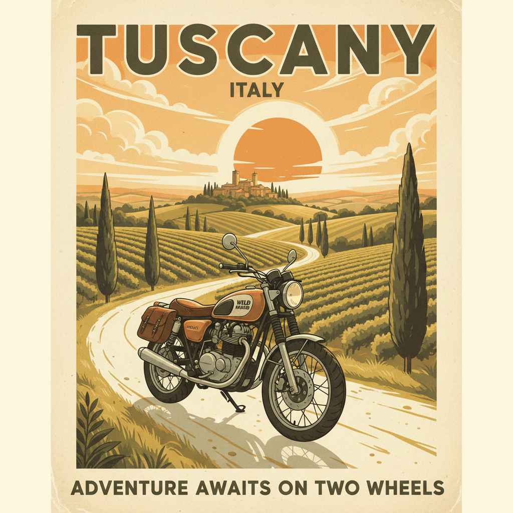 Vintage poster illustration of a motorcycle parked on a Tuscany hillside road with rolling vineyards
