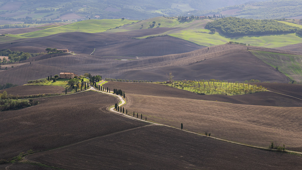 Rolling road through the Val d'Orcia, Tuscany Italy