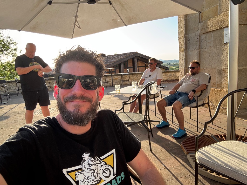 Josh James Wild Roads selfie on Parador de Argomaniz hotel terrace — Basque Country Spain — Picos & Pyrenees May 2026