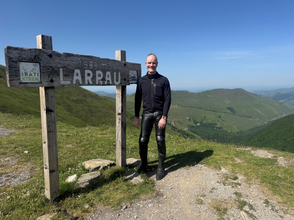 Rider at Larrau Pass summit 1585m — French Pyrenees — Wild Roads Picos & Pyrenees May 2026