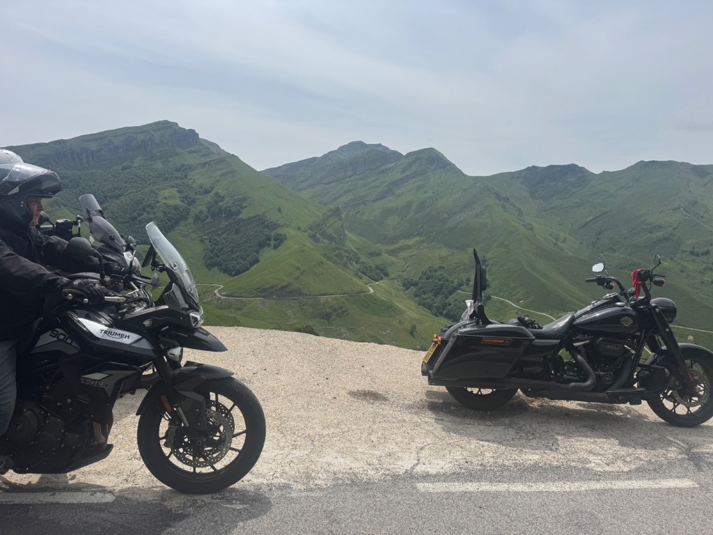 Triumph Tiger 900 and Harley Davidson Road King at Pyrenean mountain viewpoint — Picos & Pyrenees May 2026
