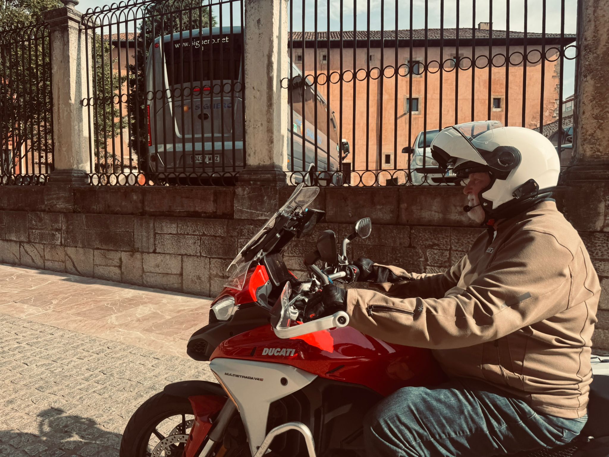 Ducati Multistrada V4S on cobbled street León Spain — Wild Roads Motorcycle Tour