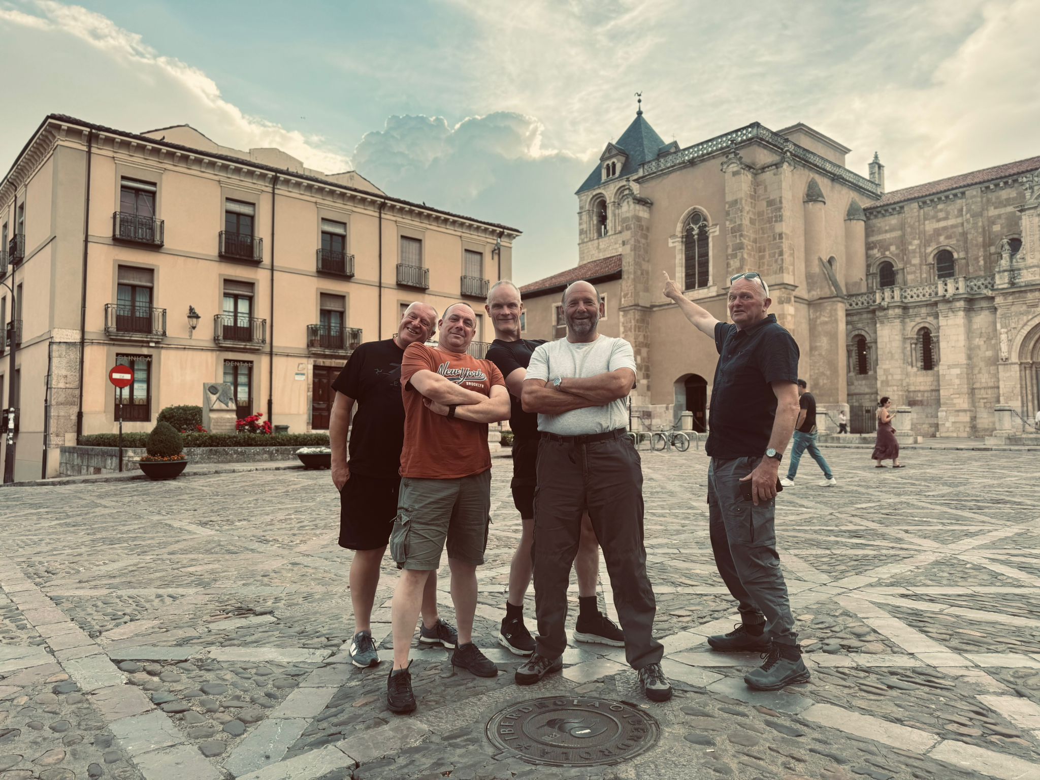 Wild Roads crew in León plaza — Picos Pyrenees Tour Day 5