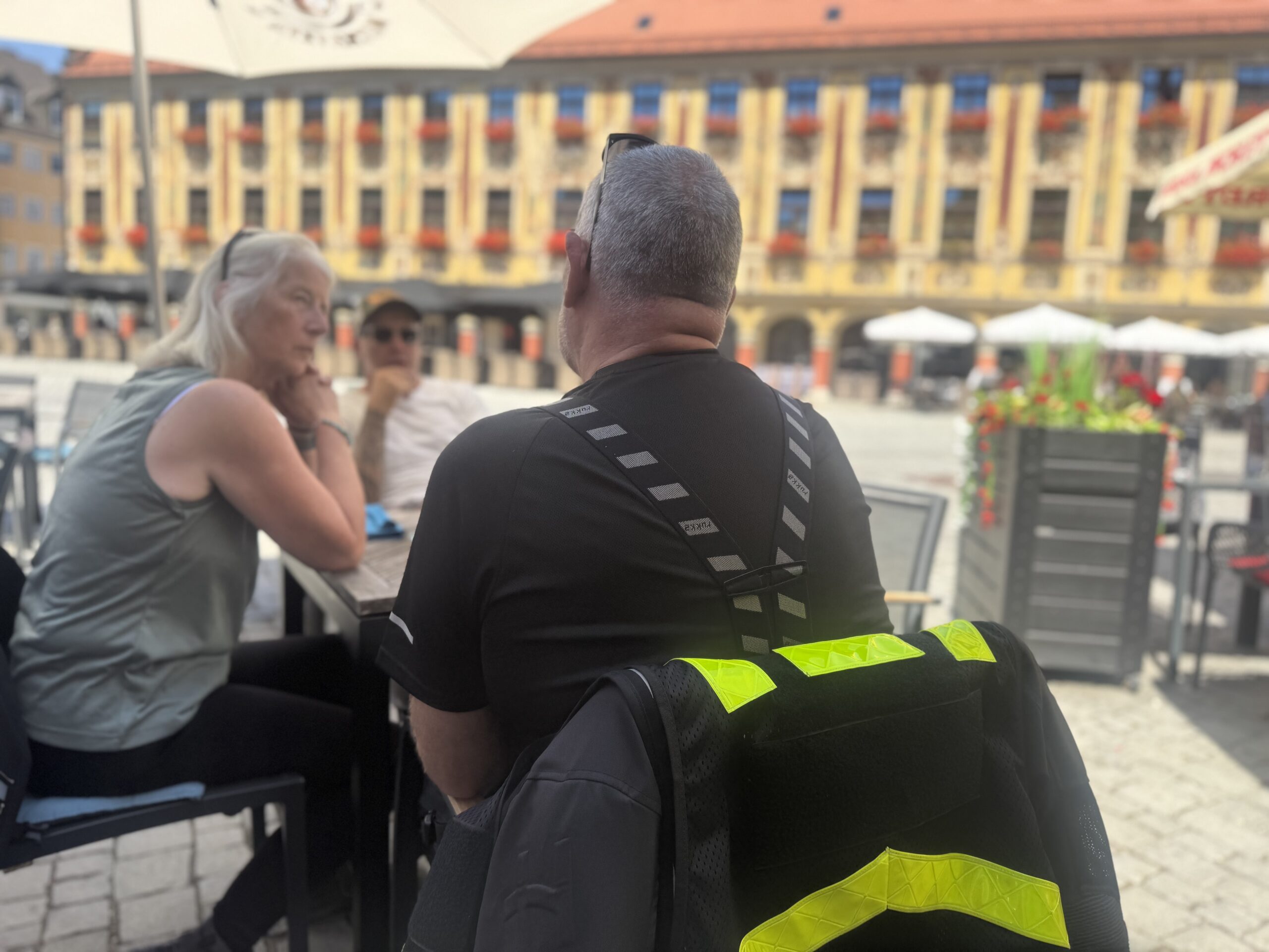 Motorcycles parked along Marktplatz in Memmingen Bavaria — Twisties & Tuscan Sun July 2026