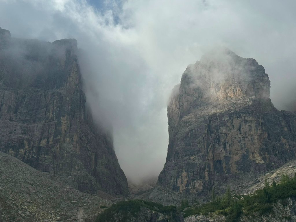 Misty mountain peaks of Catinaccio Rosengarten — Twisties &amp; Tuscan Sun July 2026