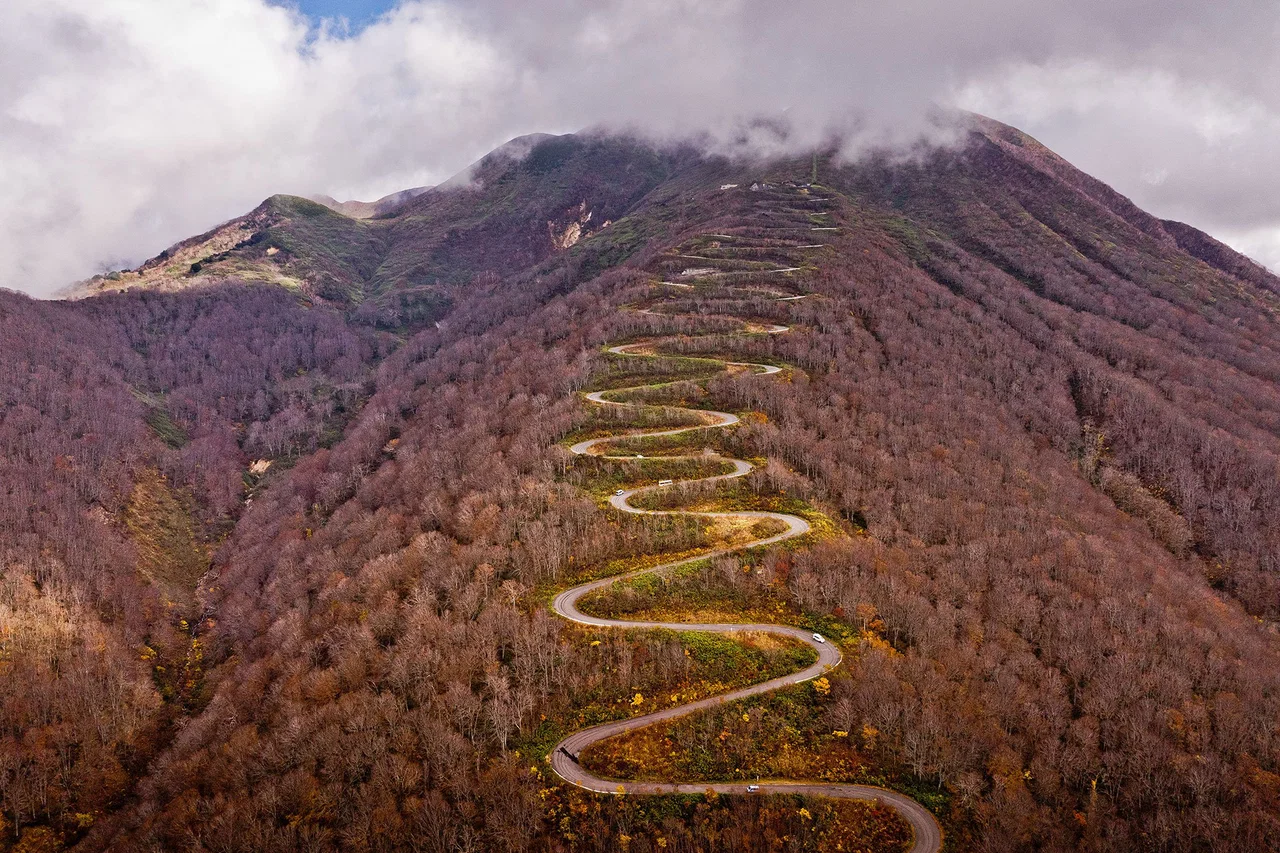 Aerial drone shot of forested mountain switchback roads in Japan — hidden Japan motorcycle expedition — Wild Roads